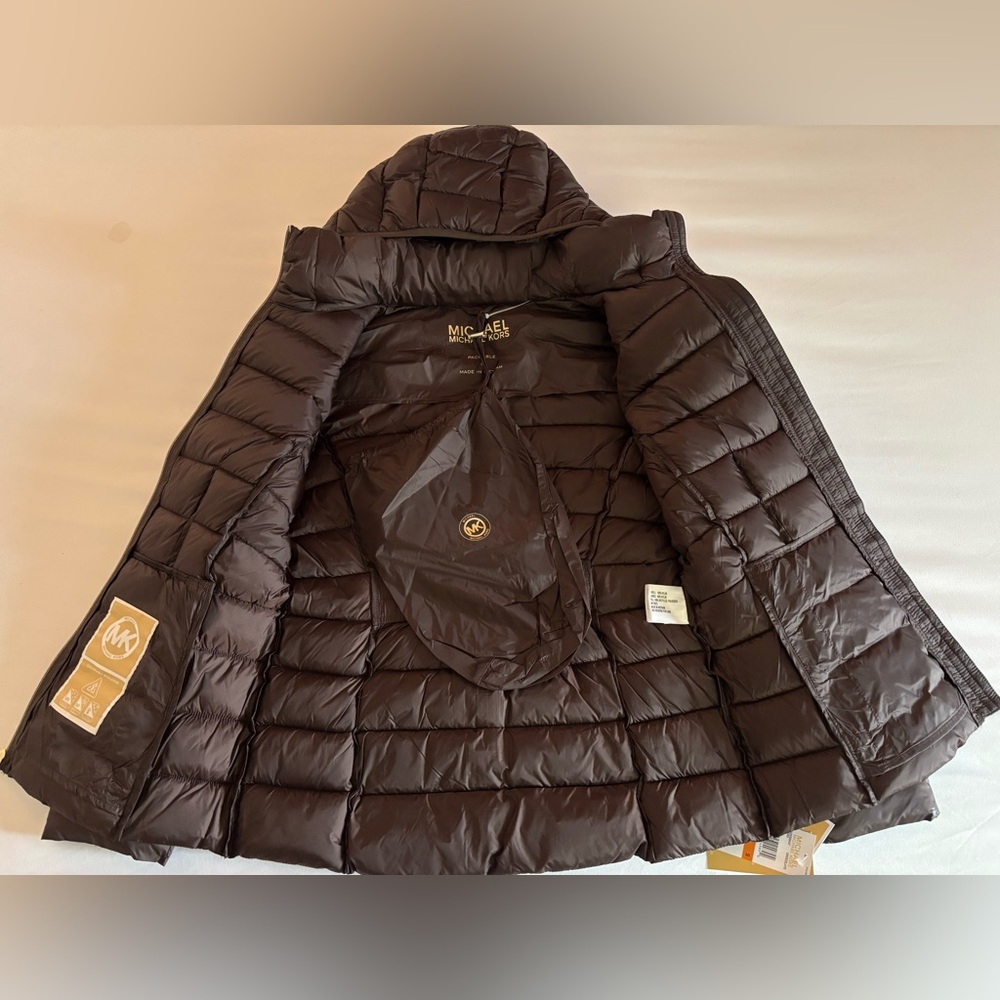 Michael Kors Chocolate Packable MK Puffer Jacket Hood Detachable Coat NWT - Picture 3 of 11